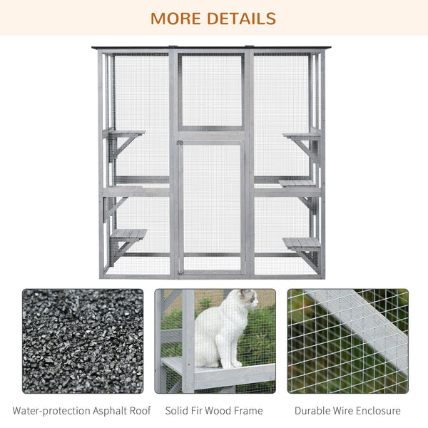 Large outdoor cat enclosure weatherproof with asphalt roof with 6 balanced platforms, 180 x 100 x 180 cm, grey