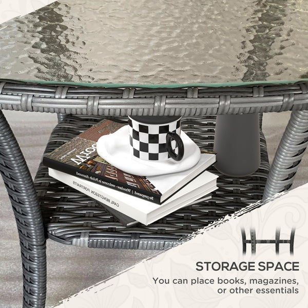 Outdoor Coffee Table with Storage Shelf, Hand-Woven Wicker Side Table with Water-Ripple Glass Top, Mix Grey