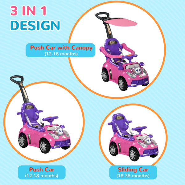 3-in-1 Slide Car for Kids with Music, Light, Handle and Removable Canopy, Pink