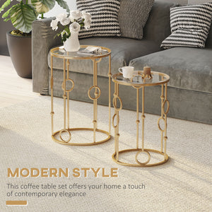 Lot de 2 tables basses rondes dorées avec plateau en verre trempé