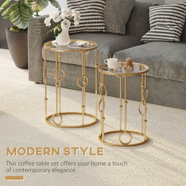 Lot de 2 tables basses rondes dorées avec plateau en verre trempé