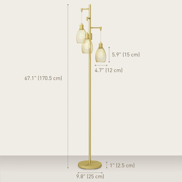 Lampadaire industriel avec 3 abat-jour suspendus à intensité variable, doré
