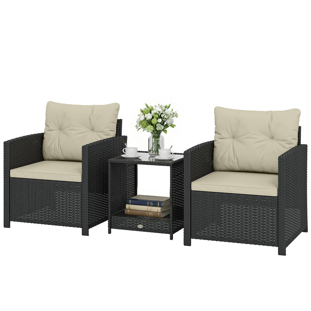 Ensemble de mobilier de patio en résine tressée 3 pièces avec table à deux niveaux et plateau en verre, beige