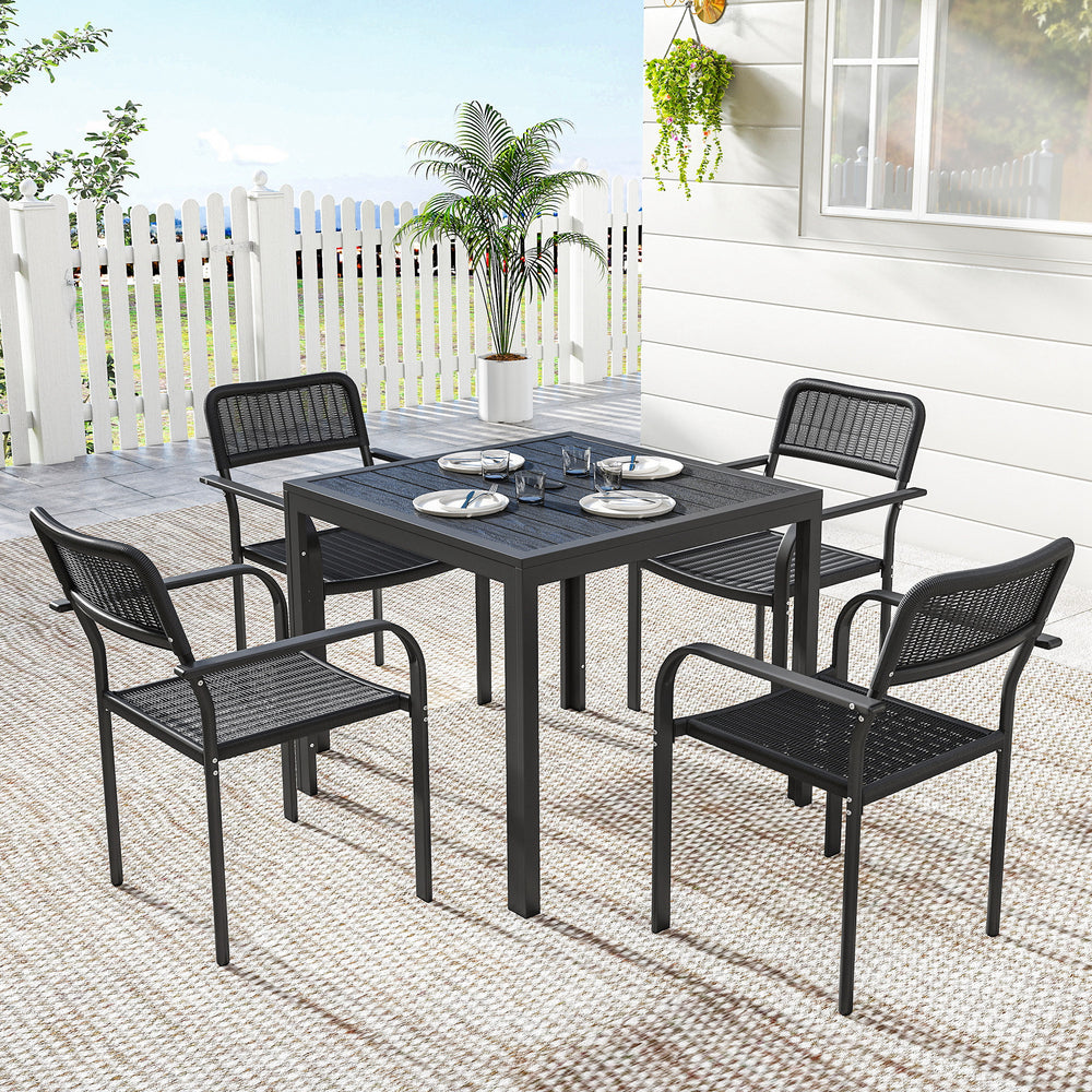 Outdoor dining set for 4 people, wood-look metal patio table and stackable chairs, black