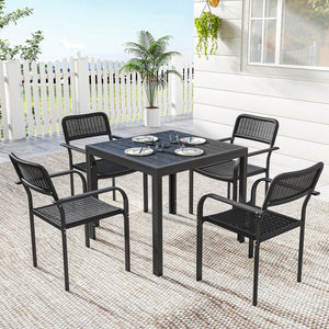 Outdoor dining set for 4 people, wood-look metal patio table and stackable chairs, black