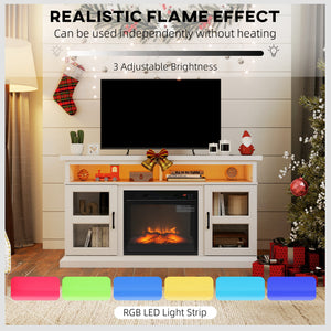 TV stand with integrated fireplace, compatible with TVs up to 55 inches, white