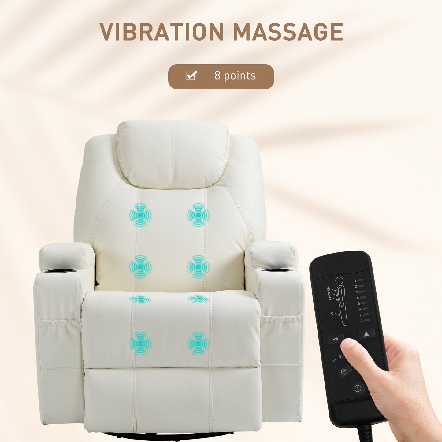 Fauteuil massant inclinable à bascule pivotantavec, 8 points de vibration, cuir synthétique, blanc crème