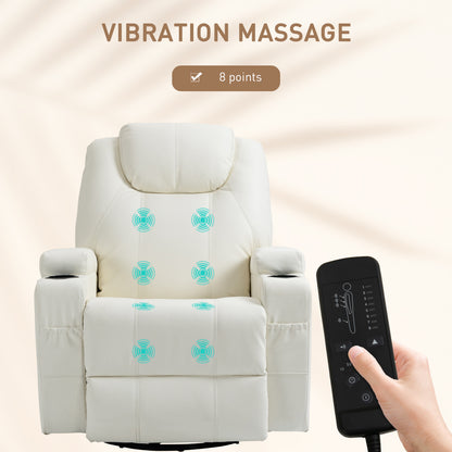 Fauteuil massant inclinable à bascule pivotantavec, 8 points de vibration, cuir synthétique, blanc crème