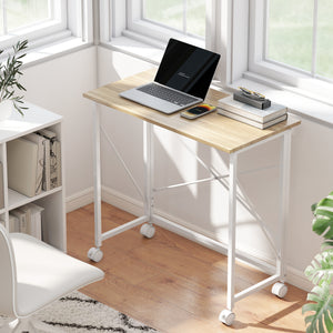 Bureau pliable compact sur roulettes pour petits espaces – Effet chêne et blanc
