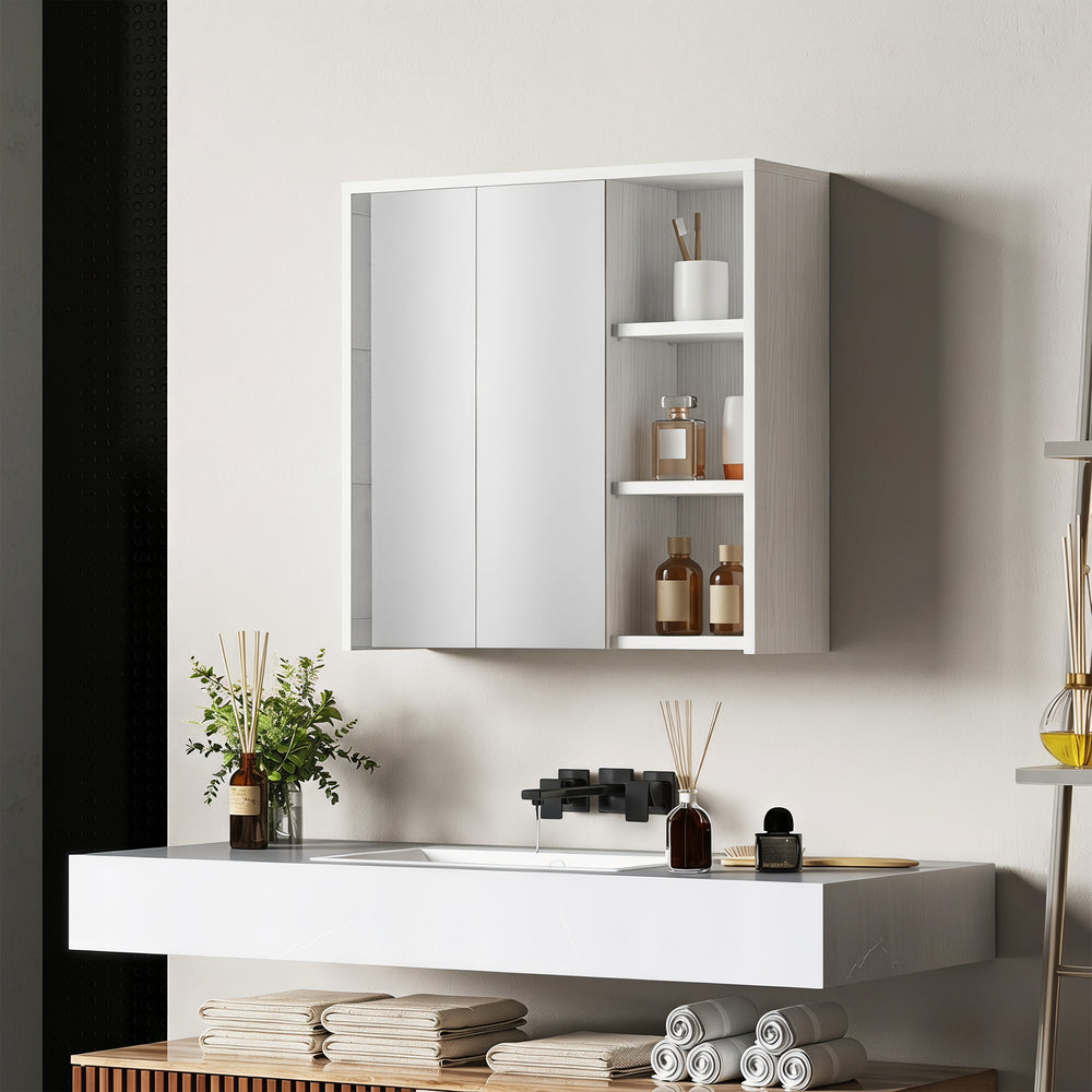 Armoire murale avec miroirs et tablettes, effet bois blanc