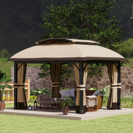 Outsunny 11' x 13' Double Roof Gazebo with Mosquito Netting and Curtains, Galvanized Metal Frame, Khaki