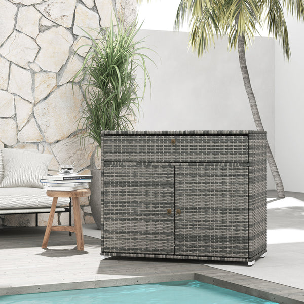 Armoire de rangement extérieure en osier à 2 portes avec tiroir, gris