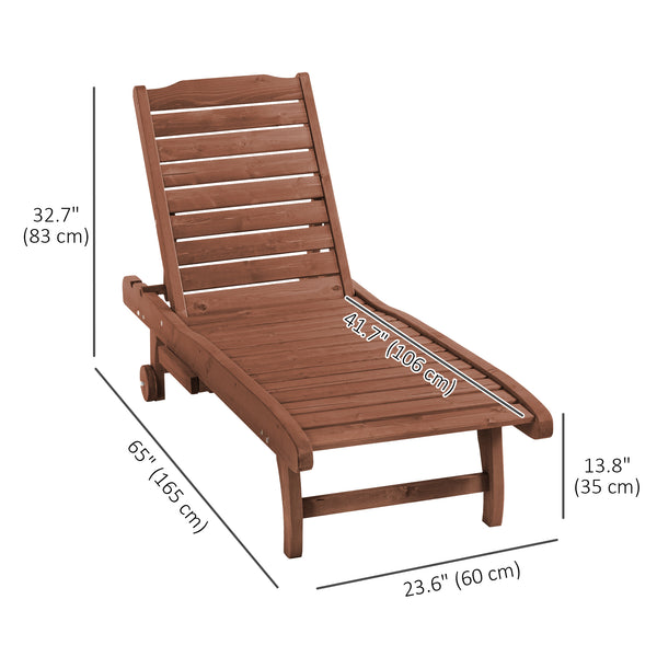 Wooden Outdoor Lounge Chair, Adjustable Patio Outdoor Chaise Recliner Garden Furniture, Tanning Chair with Pull-out Tray and 2 Wheels, Brown