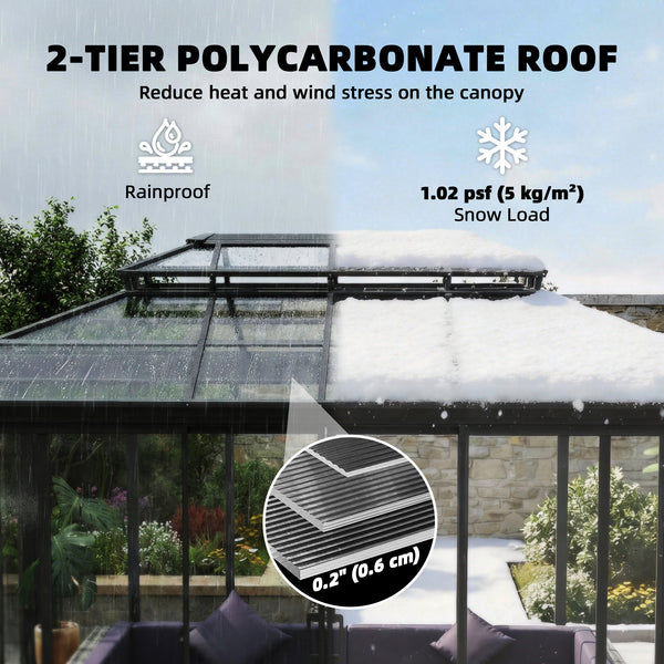 Gazebo d'extérieur 10' x 14'  à toit rigide, véranda en aluminium avec portes coulissantes, double toit, gris foncé