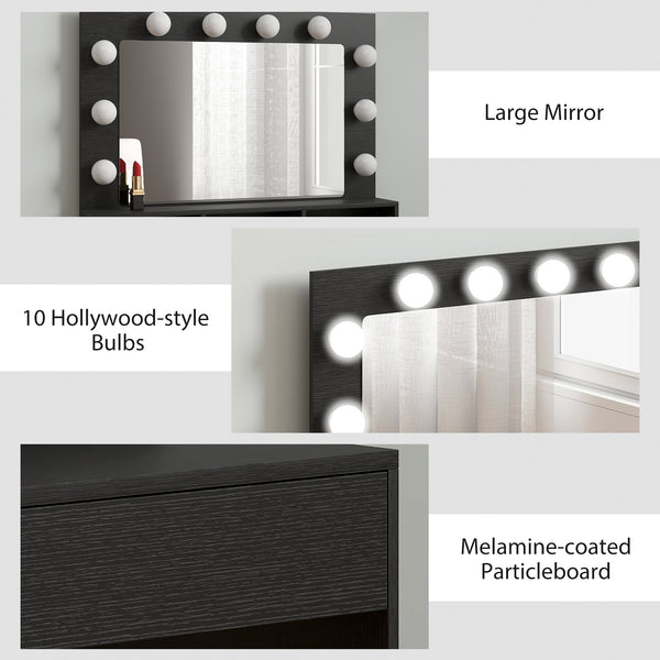 Coiffeuse avec miroir à éclairage LED, station de charge et tiroirs, noire