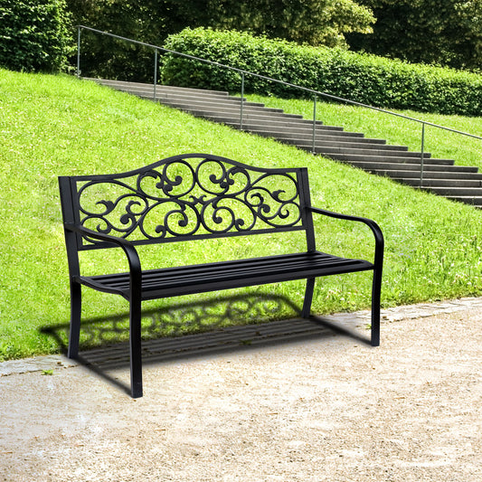 Banc de jardin d'extérieur avec motif floral vintage, en métal moulé, noir