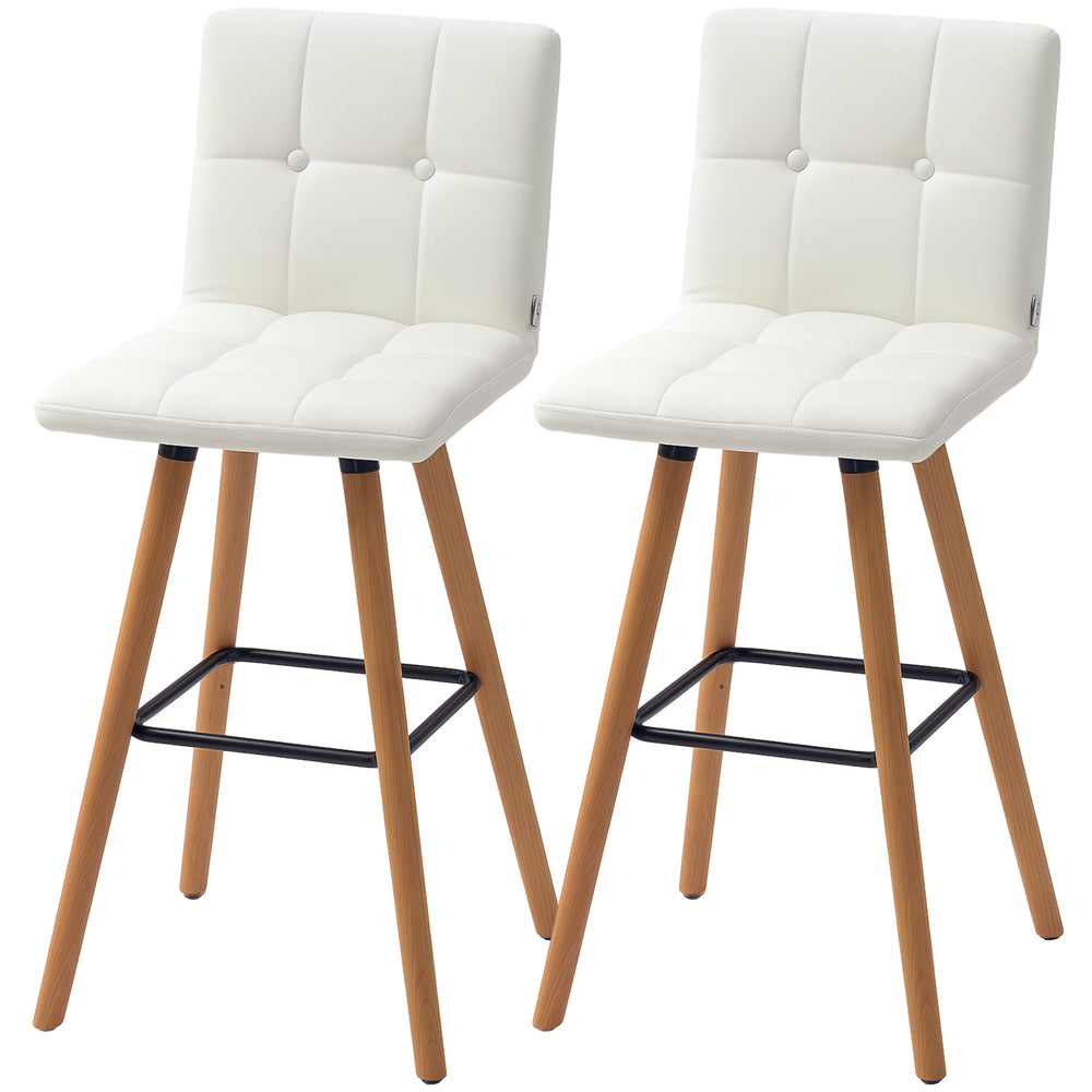 Lot de 2 tabourets de bar rembourrés, pieds en bois massif, blanc