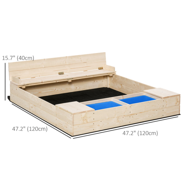 Bac à sable en bois pour enfants avec banquette pliable, 2 bacs en plastique et revêtement de fond.