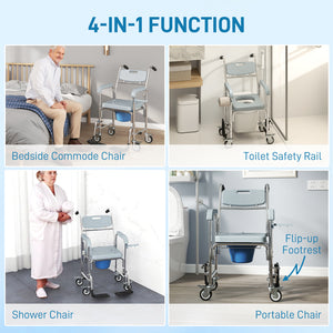 Chaise d'aisance et de douche multifonctionnelle 4-en-1 avec roulettes et repose-pieds – Gris et argent