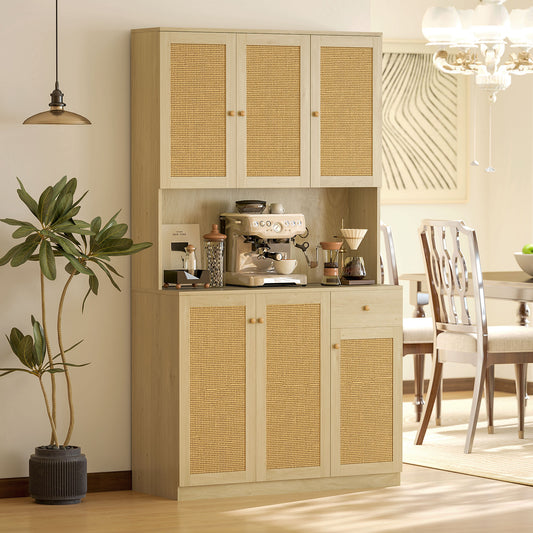 Bohemian style kitchen sideboard with microwave worktop, with decorative rattan doors, natural color