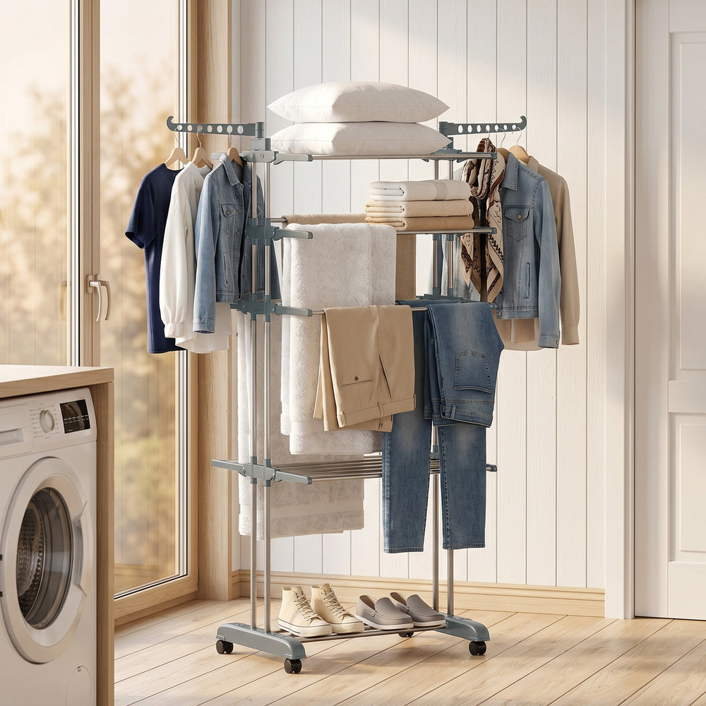 Séchoir à linge pliable à 5 niveaux sur roulettes, gris