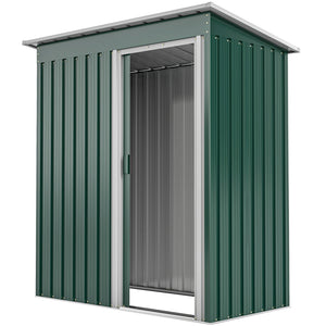 Abri de jardin avec porte coulissante et toit incliné, structure en acier, vert