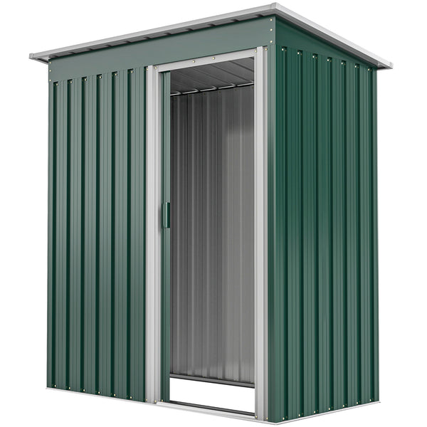 Abri de jardin avec porte coulissante et toit incliné, structure en acier, vert