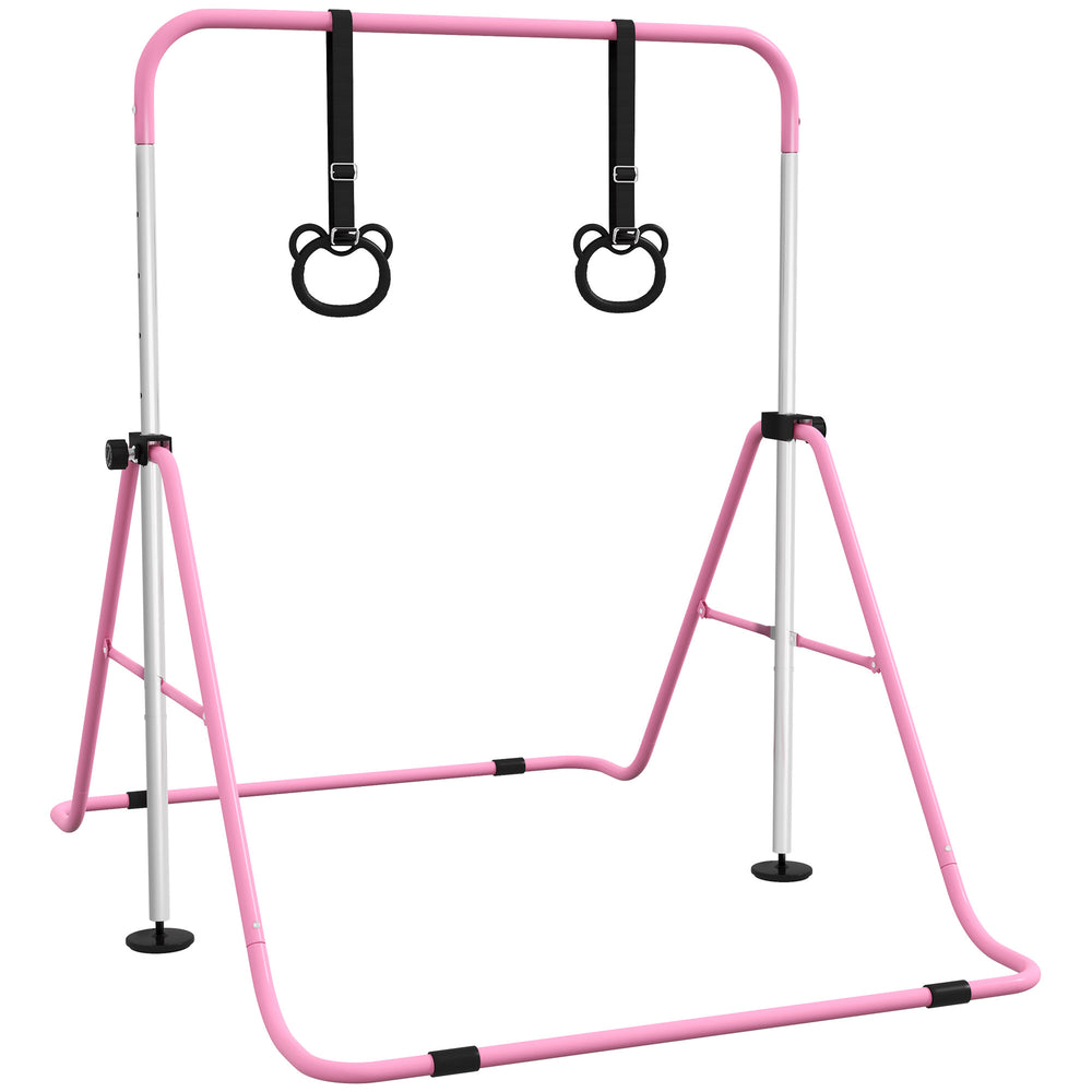 Barre de gymnastique pliable et réglable en hauteur avec anneaux, rose