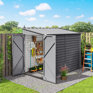 Abri de jardin adossé en acier avec kit de fondation, portes verrouillables, gris