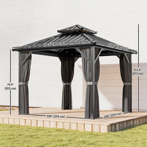 Gazebo toit rigide 10' x 10' avec double toit en acier galvanisé, structure en aluminium, gris foncé