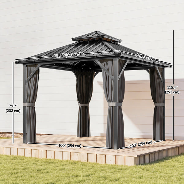Gazebo toit rigide 10' x 10' avec double toit en acier galvanisé, structure en aluminium, gris foncé
