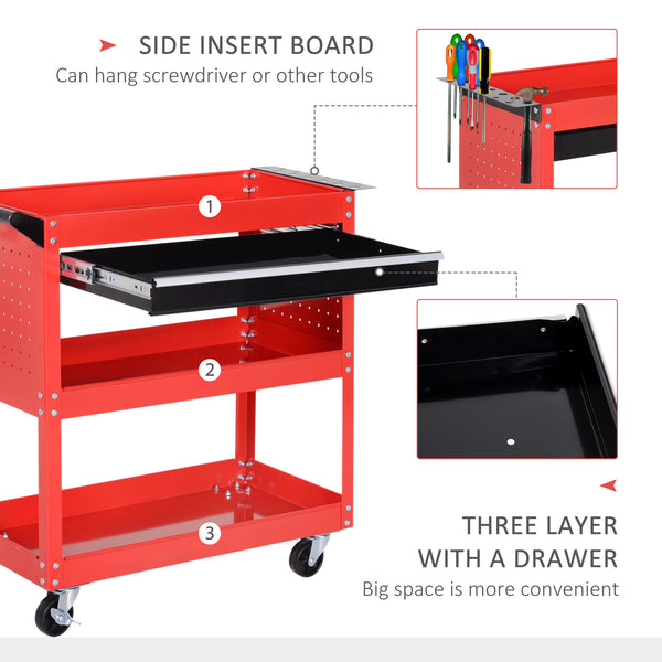 Utility trolley with ball-bearing drawer for garage, warehouse, workshop, red