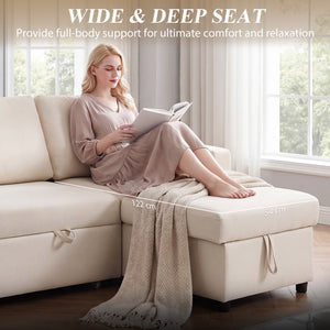 83" Sofa Bed, Pull Out Sleeper L Shaped Sectional Couch with Reversible Storage Chaise, Wide and Deep Seat, Cream White