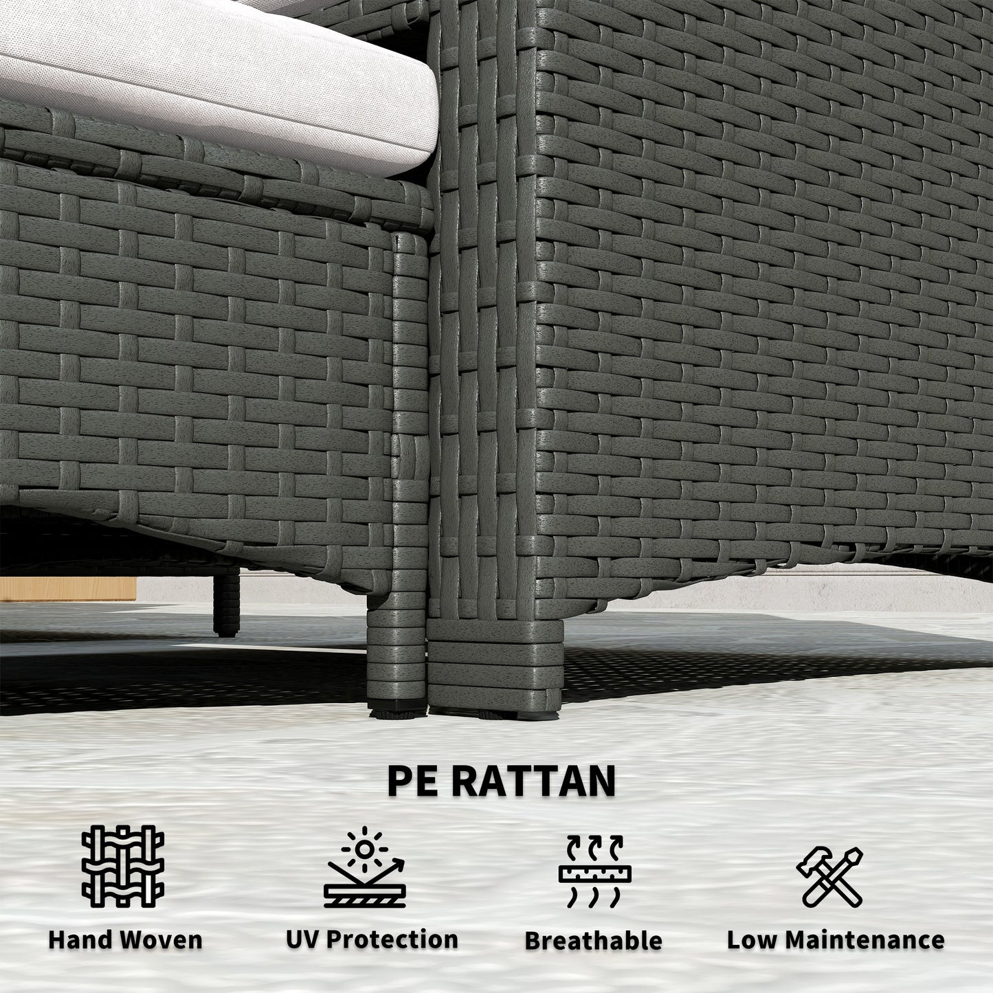 Outsunny 5 Piece Rattan Balcony Furniture Set, Wicker Outdoor Furniture with Two-Tier Coffee Table and Ottomans, Grey and Cream White