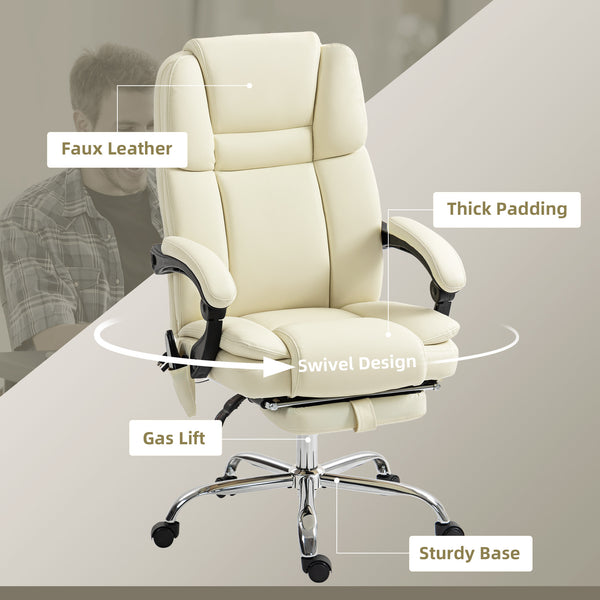 Fauteuil de bureau massant inclinable avec vibration à 6 points, repose-pieds et dossier haut, blanc