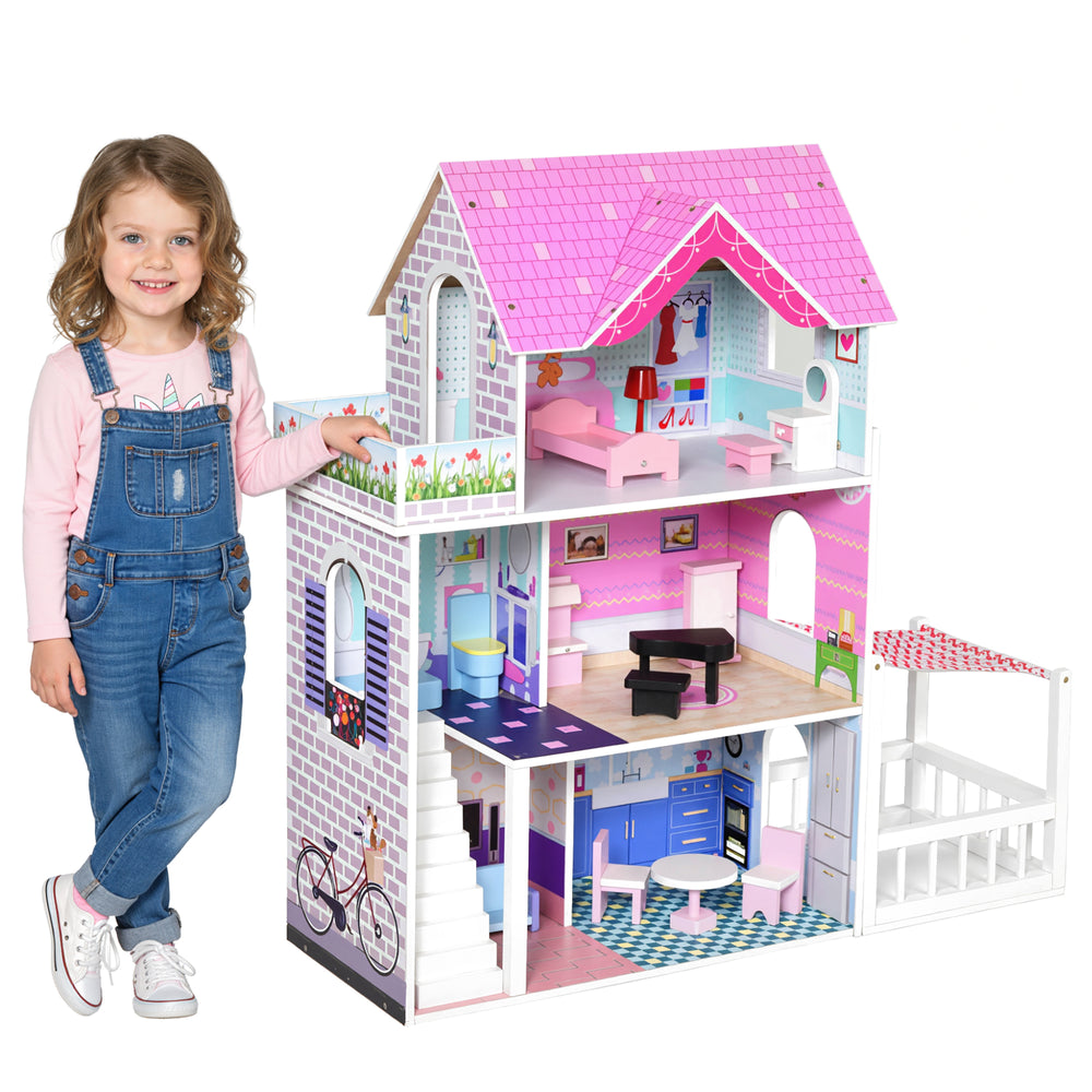 Maison de poupée en bois pour enfants de 2,9 pieds avec meubles, rose