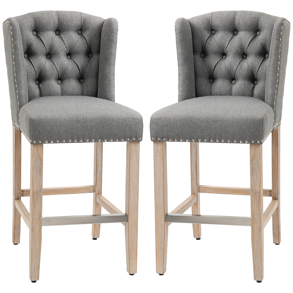 Lot de 2 tabourets de bar rembourrés, avec dossier clouté et repose-pieds, gris