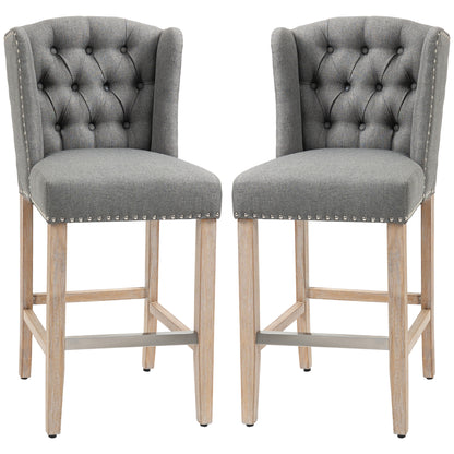 Lot de 2 tabourets de bar rembourrés, avec dossier clouté et repose-pieds, gris