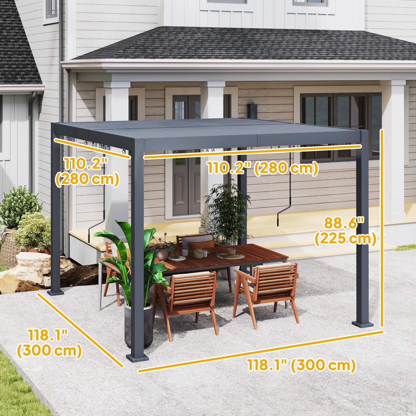 Pergola à persiennes 10' x 10' avec toit métallique réglable et cadre en aluminium à toit rigide avec système de drainage