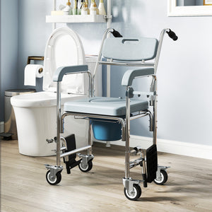 Chaise d'aisance et de douche multifonctionnelle 4-en-1 avec roulettes et repose-pieds – Gris et argent