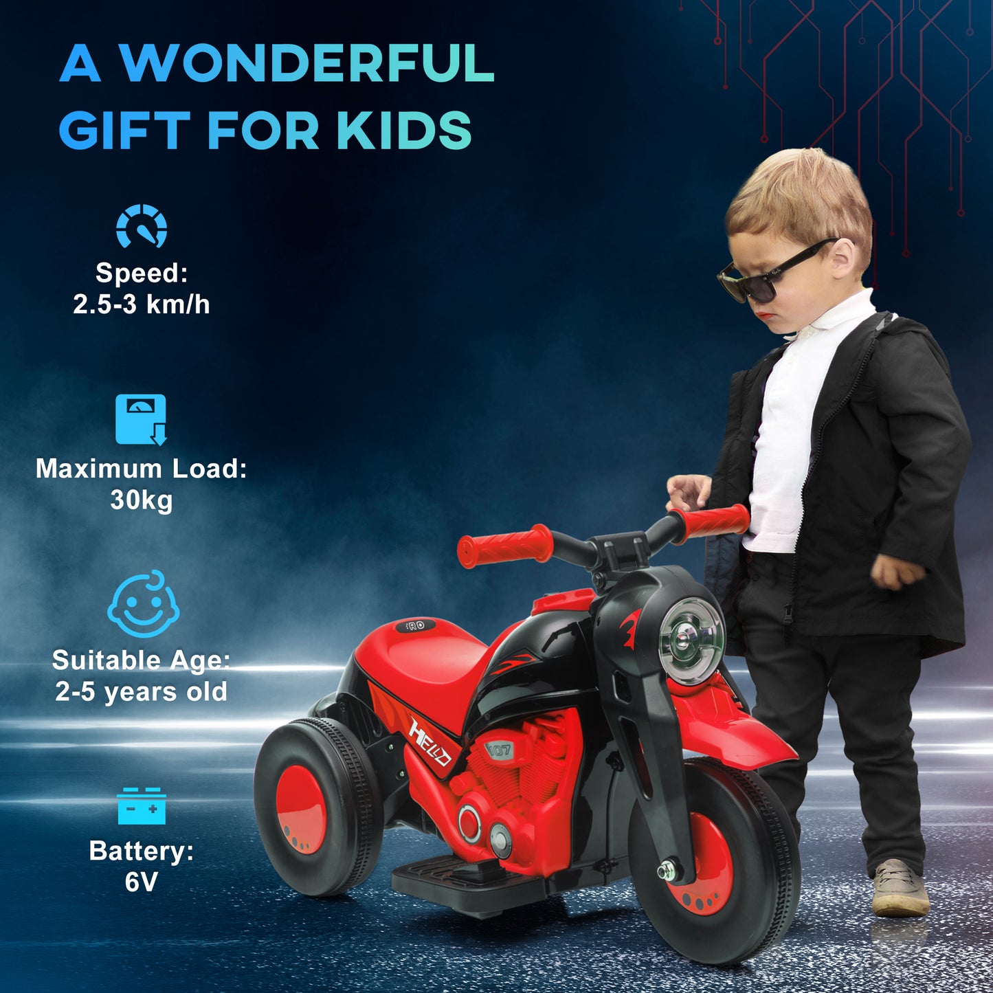 Moto électrique pour enfants, voiture à bulles 6 V avec phare LED, musique, pédale, pour 2 à 5 ans, noire et rouge