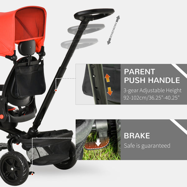 4 in 1 Baby Tricycle with Adjustable Reversible Angle Seat for 1-5 Years Old Kids, Red