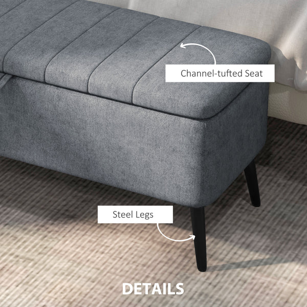 Banc ottoman de rangement rembourré en lin et pieds en acier, gris foncé