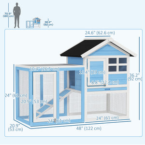 Clapier en bois 49" avec toit incliné et enclos, bleu clair