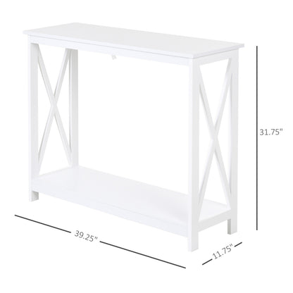 Console d'entrée étroite à 2 niveaux, design en X, avec étagère de rangement pour derrière le canapé, salon, couloir, blanc