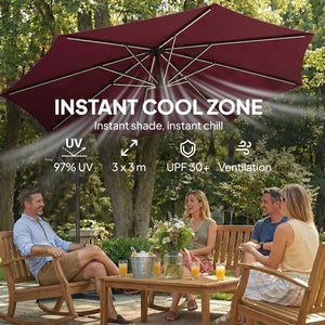 Parasol déporté de 3 m avec éclairage solaire avec rotation à 360°, inclinaison et housse de protection, rouge bordeaux