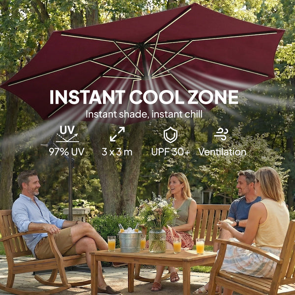 Parasol déporté de 3 m avec éclairage solaire avec rotation à 360°, inclinaison et housse de protection, rouge bordeaux