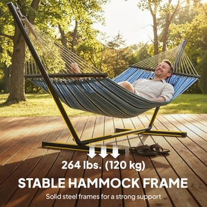 Hamac avec support robuste avec structure en acier pour terrasse et jardin, bleu et blanc