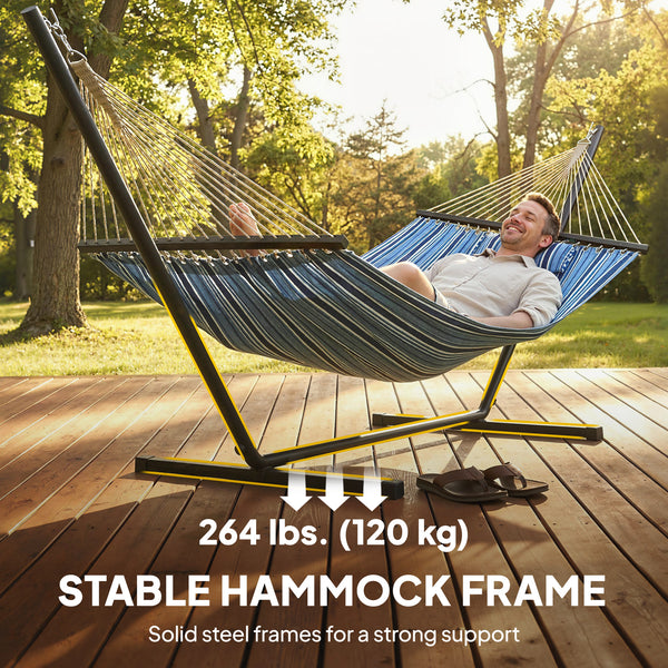 Hamac avec support robuste avec structure en acier pour terrasse et jardin, bleu et blanc