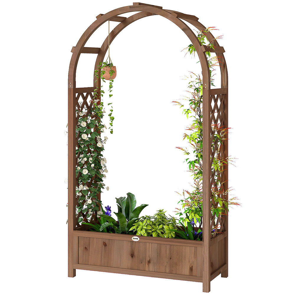 Raised planter with arched trellis, dark brown wood